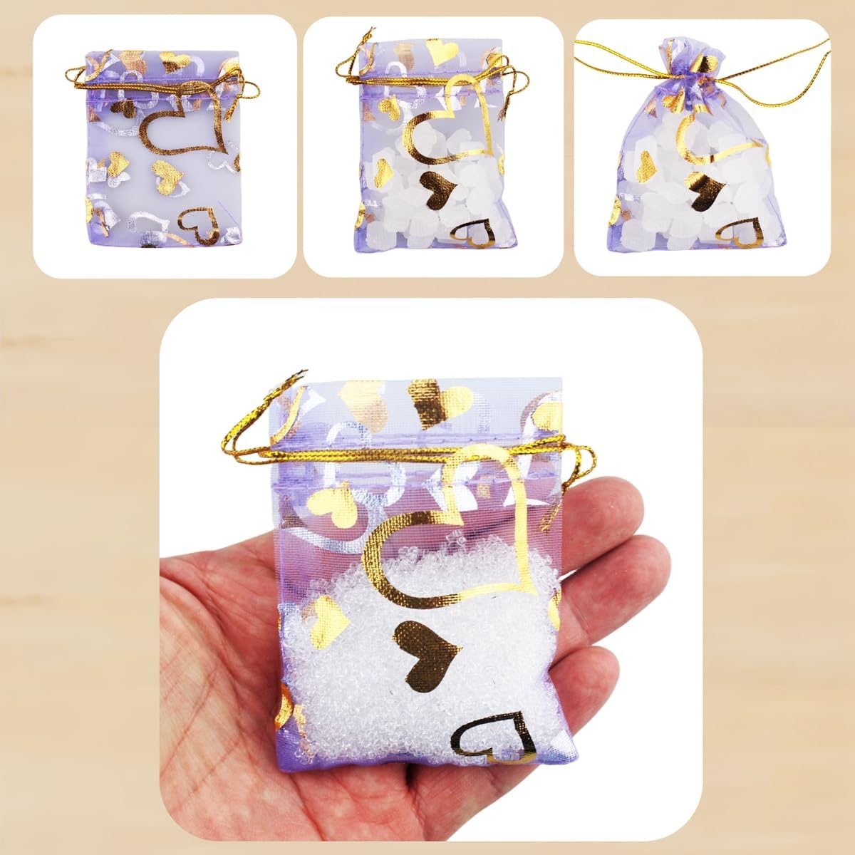 QIANHAILIZZ 100 Pack 2.8 x 3.5 Inch Flower Heart Organza Jewelry Gift Pouch Candy Pouch Drawstring Wedding Favor Bags B511S (lilac gold heart)