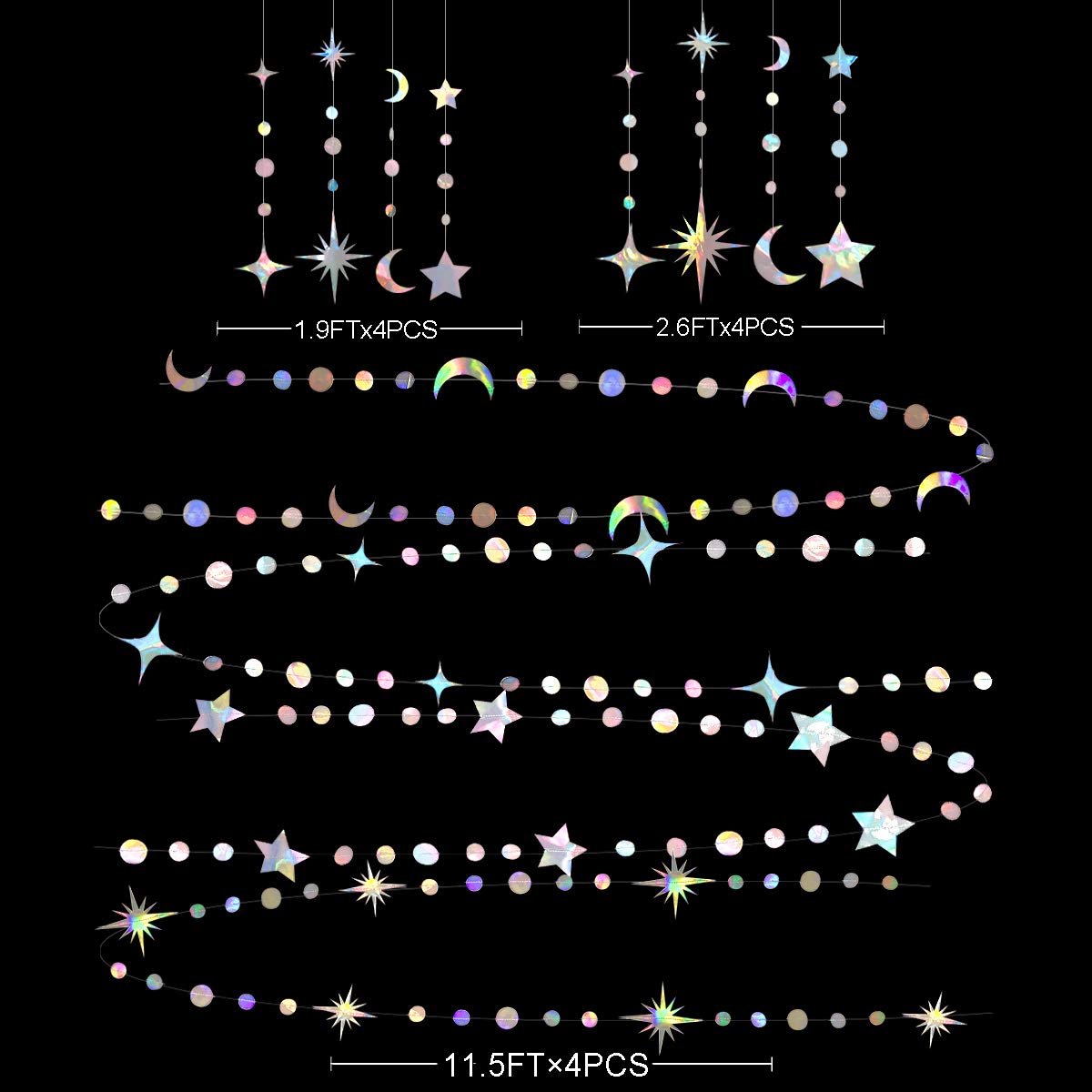 Iridescent Party Decorations Holographic Star Moon Circle Dot Garland Hanging Crescent and Twinkle