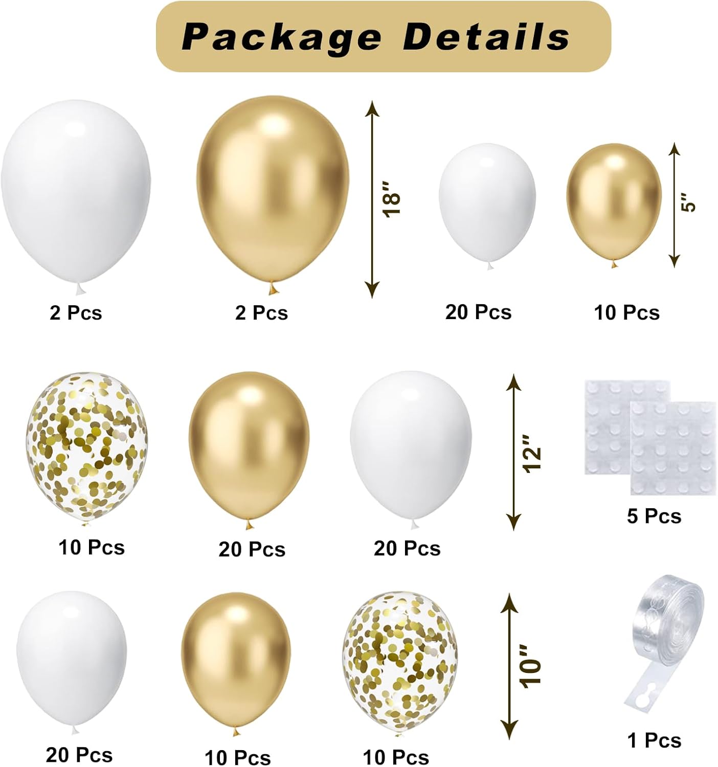 White and Gold Balloons Arch Kit, 124pcs White Gold Confetti Metallic Latex Balloons Arch for Baptism, Baby Shower, Birthday Party Decorations