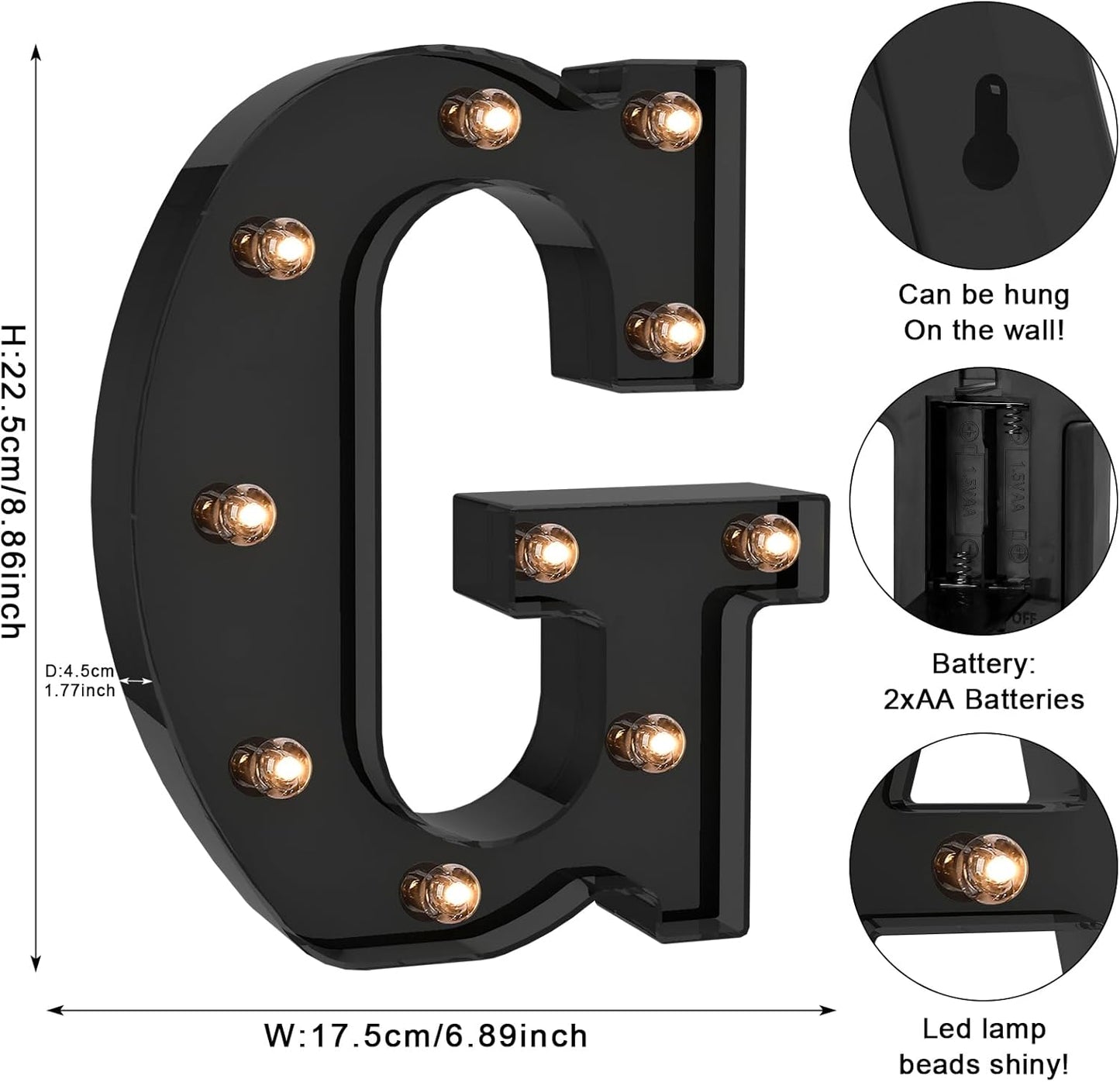 Foaky Black LED Letter Lights for Room Decor - Bedroom Wall Decor, Alphabet Lights for Home, Wedding, Party - Battery Operated （G）