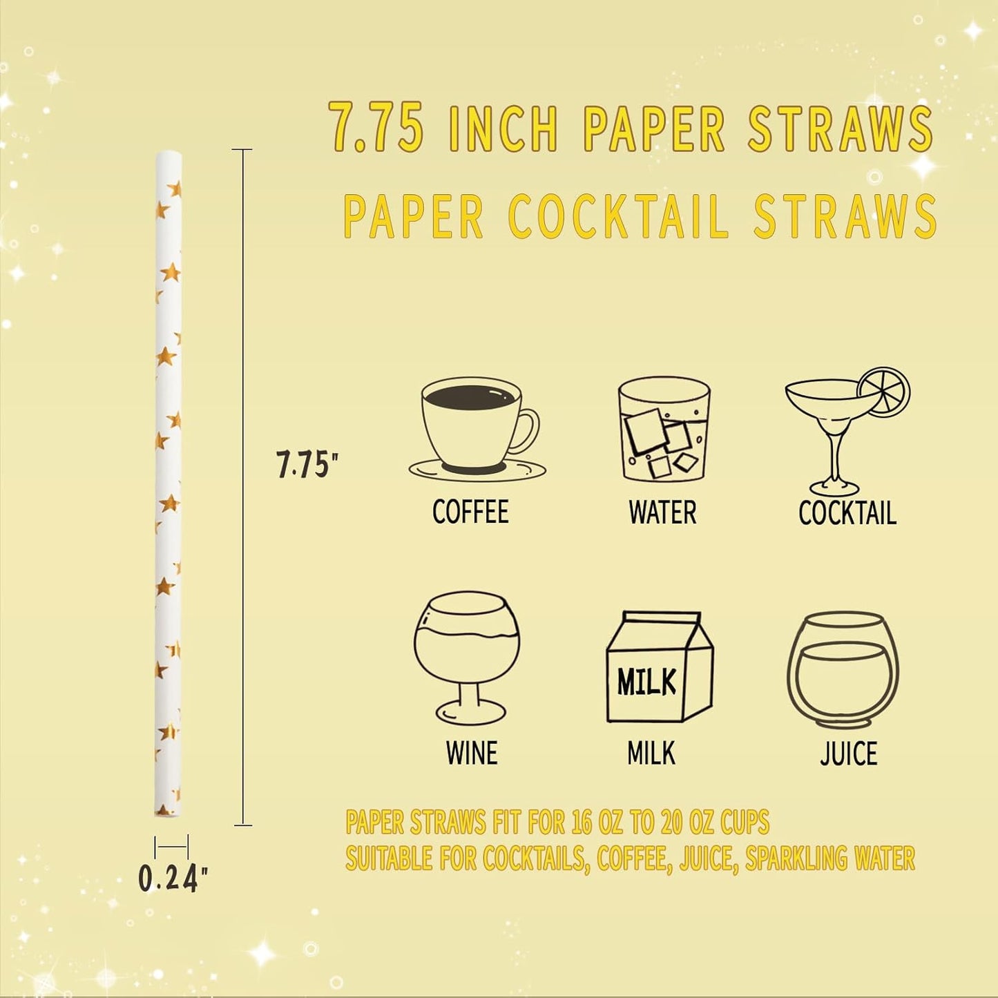 Paper Straws Disposable, Cocktail Metallic Gold Star Straws Drinking Biodegradable Straws for Holiday, Party, Wedding - 100 Count，7.75 Inch