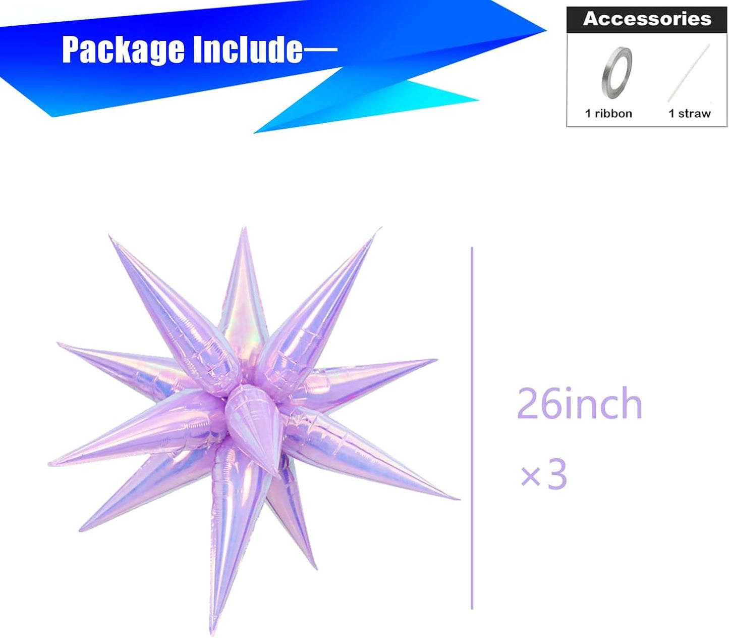 3pcs 26inch 3D iridescent macaron purple Explosion Star foil balloon, colorful macaron purple Foil Cone Star burst Balloons for Birthday Wedding New Year Party Event
