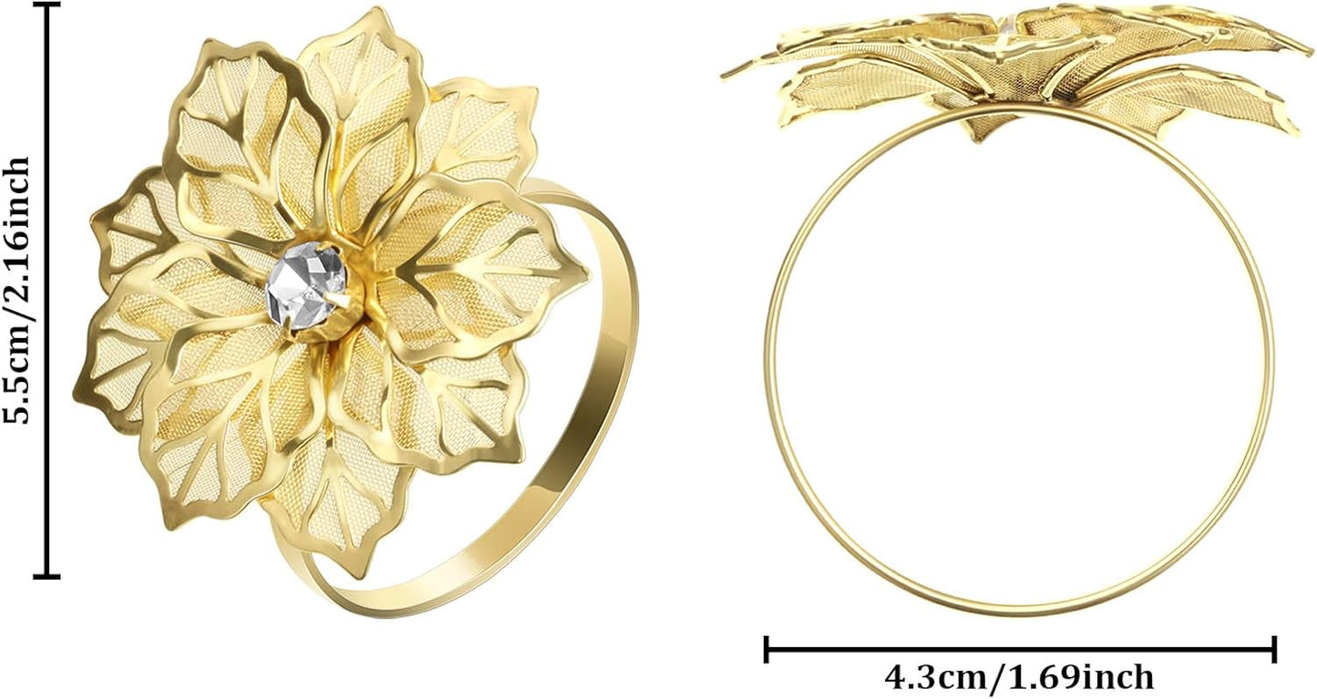 Hotop 12 Pcs Hollow Out Flower Napkin Rings Fall Napkin Ring Holder Metal Serviette Buckles Set for Dinner Thanksgiving Christmas Wedding Banquet Table Plates Decoration(Gold)