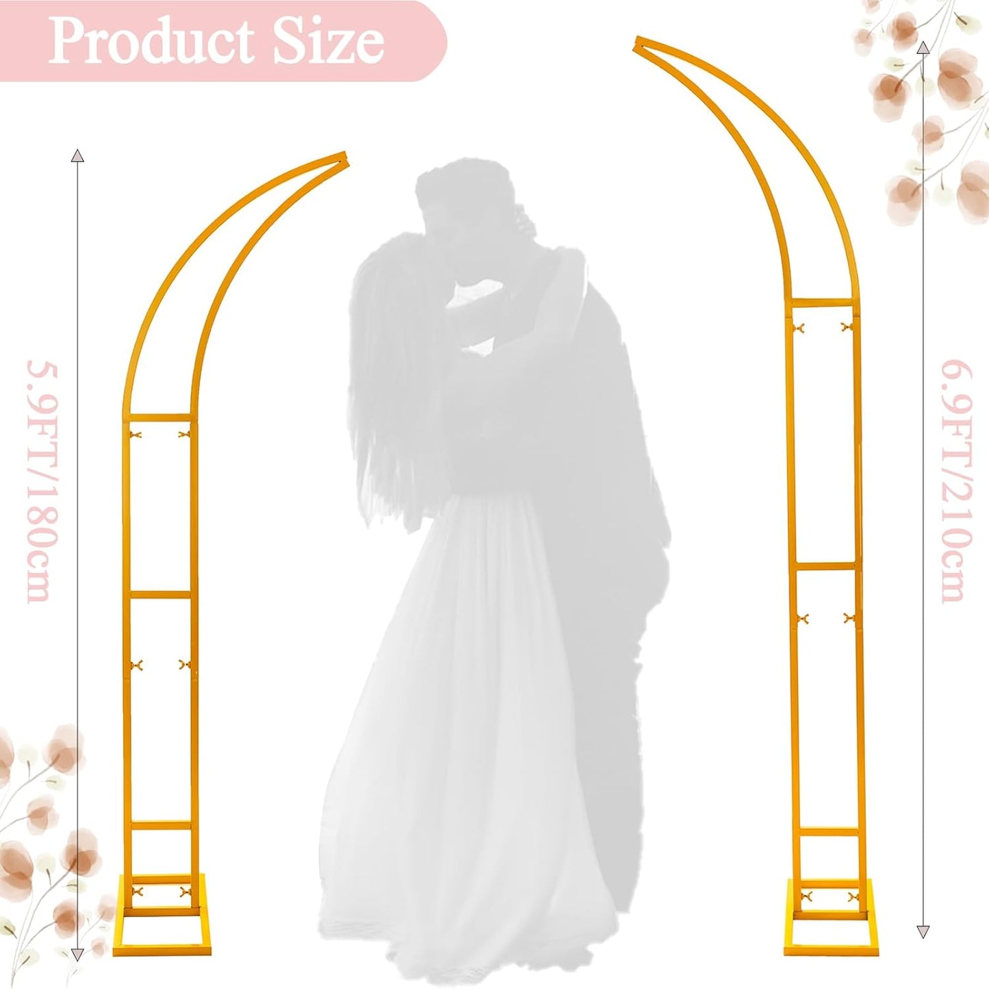 2pcs Large Wedding Arch with Base Flower Stand Arch Bracket Stand Backdrop Stand for Wedding Party Elegant Decorations & Garden Climbing Plants Vines,6.9&5.9 FT-Gold