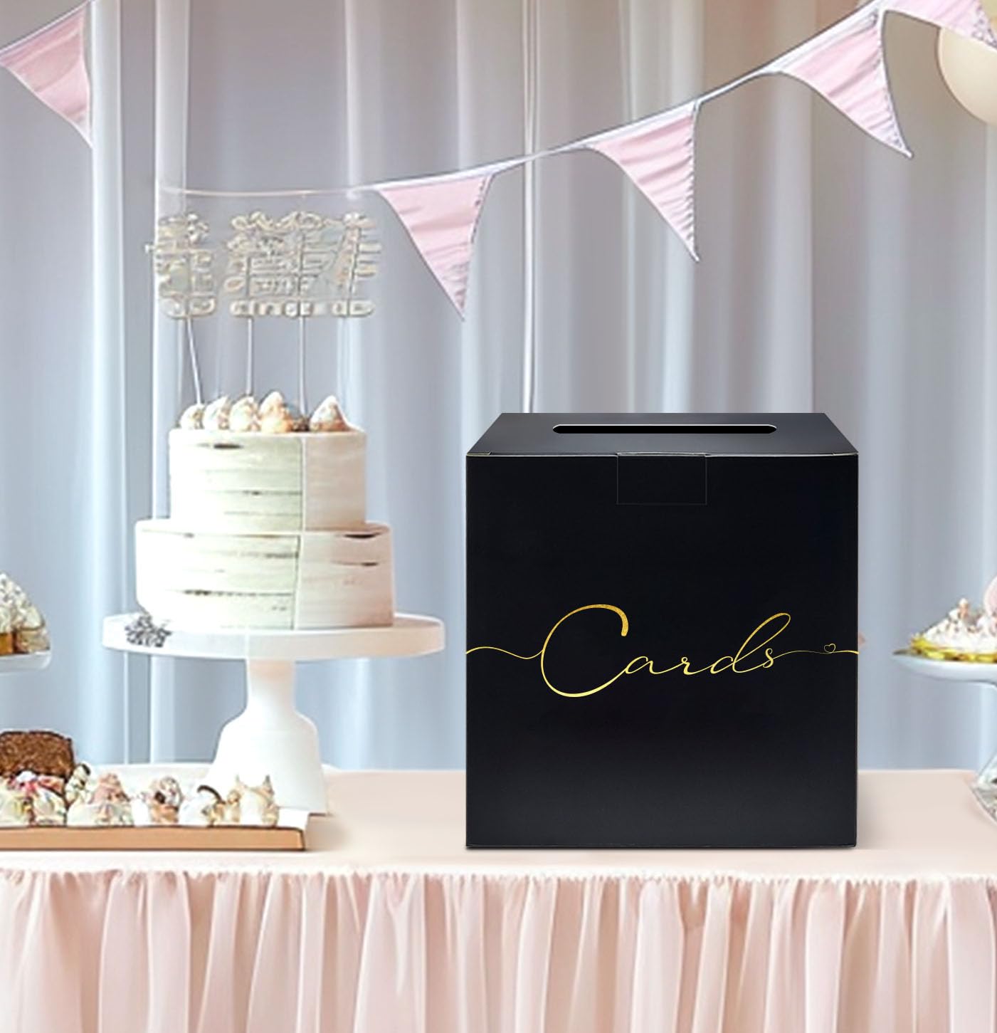 HEIPINIUYE Large Card Box for Party 9.8" x 9.8" Black Gift Card Box Holder with Gold Foil Design