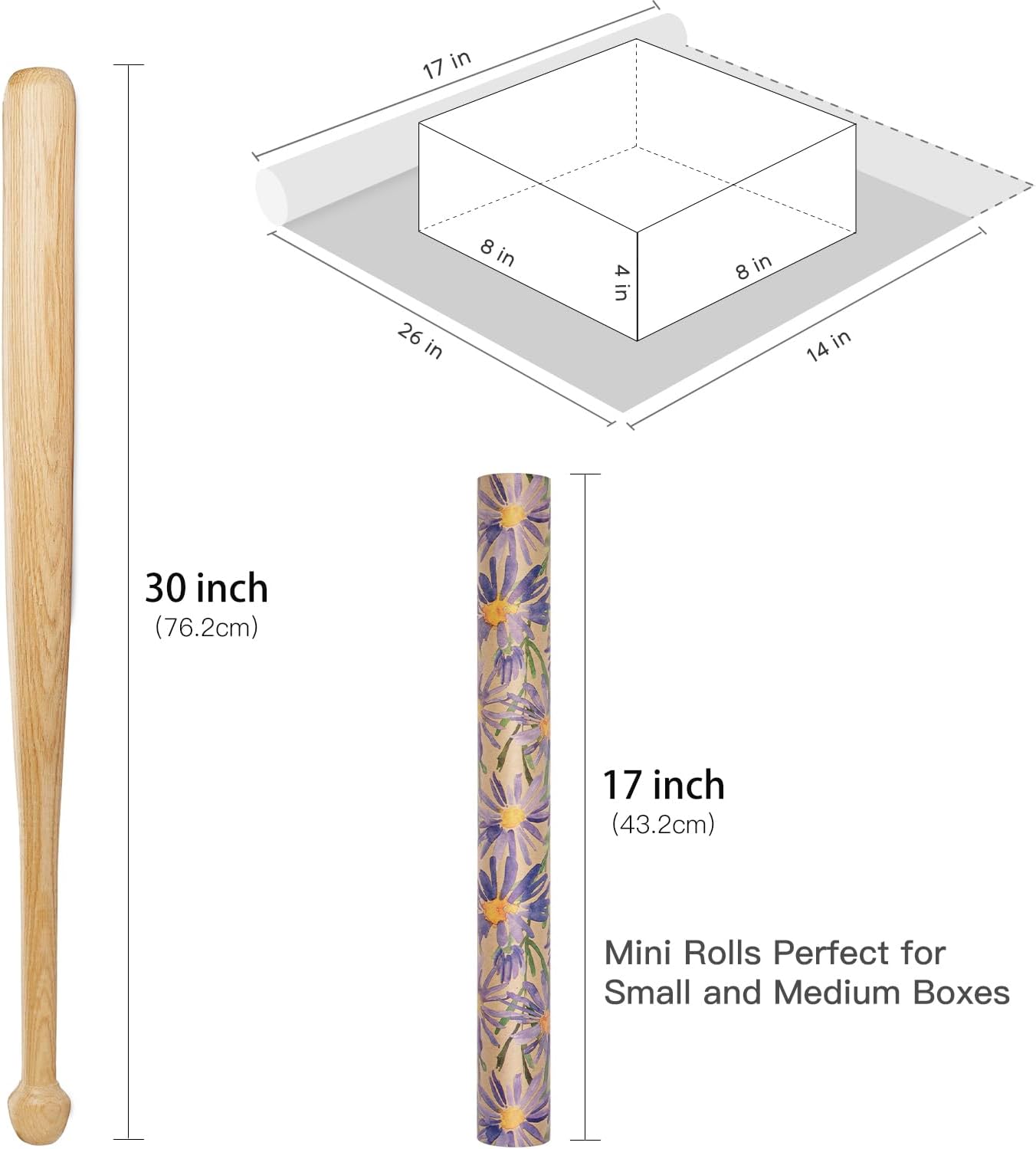 RUSPEPA Purple Floral Wrapping Paper for Women, 17 in x 16.4 ft, Mini Roll, Watercolor Flower Kraft Paper, Daisy Wrapping Paper Roll for Girls, Wedding, Birthday and Bridal Shower