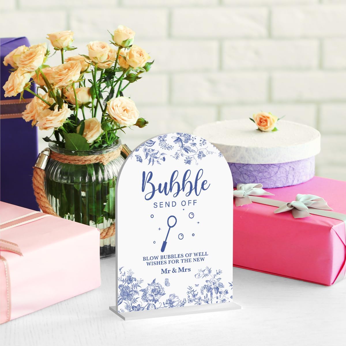 Acrylic Wedding Signs, Dusty Blue Wedding Decor, Blue Weddings Decor, Bubble Send Off Signs for Reception, Modern Calligraphy Arch Acrylic Table Top Sign for Weddings Parties Dinners (White)