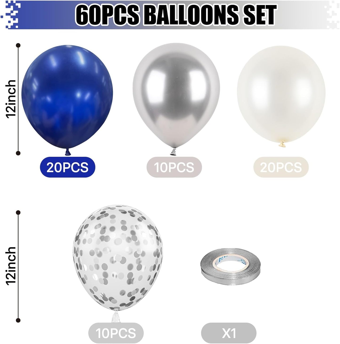 Navy Blue and Silver Balloons 60PCS, 12 Inch Navy Blue Metallic Silver and White Pearl Party Balloons with Silver Blue Confetti Latex Balloons for Birthday Graduation Space Theme Party Decorations