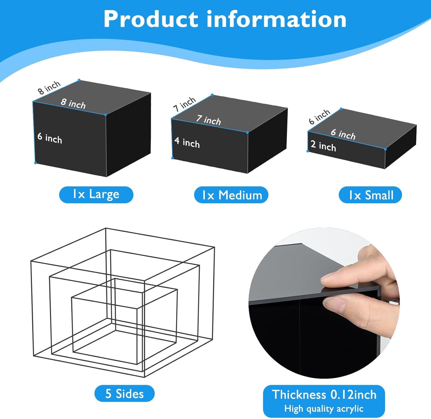 3Pcs Black Buffet Risers Acrylic Boxes Display Food Risers for Buffet Table Platter Parties Weddings Catering Dessert Collectibles Figures Show ( 6''x7''x8'')