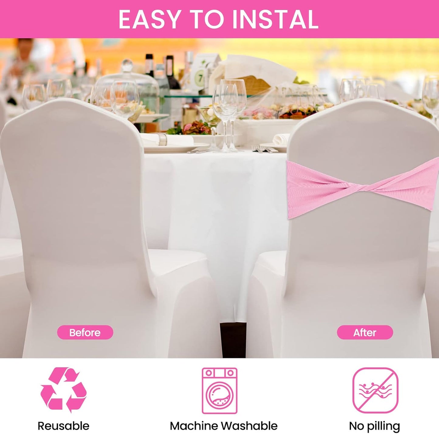 Kinlop 50 Pcs Spandex Chair Sashes Bows Chair BanB0C3V1RSWZds Slider Sashes for Covers Elastic Bands Ties Without Buckle Decorations for Wedding Party Events Ceremony Birthday(Pink)