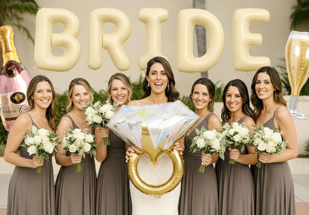 PartyForever 2 Gold Glitter Ring Bachelorette Party Balloons with 40inch Bottle Balloon and Glass