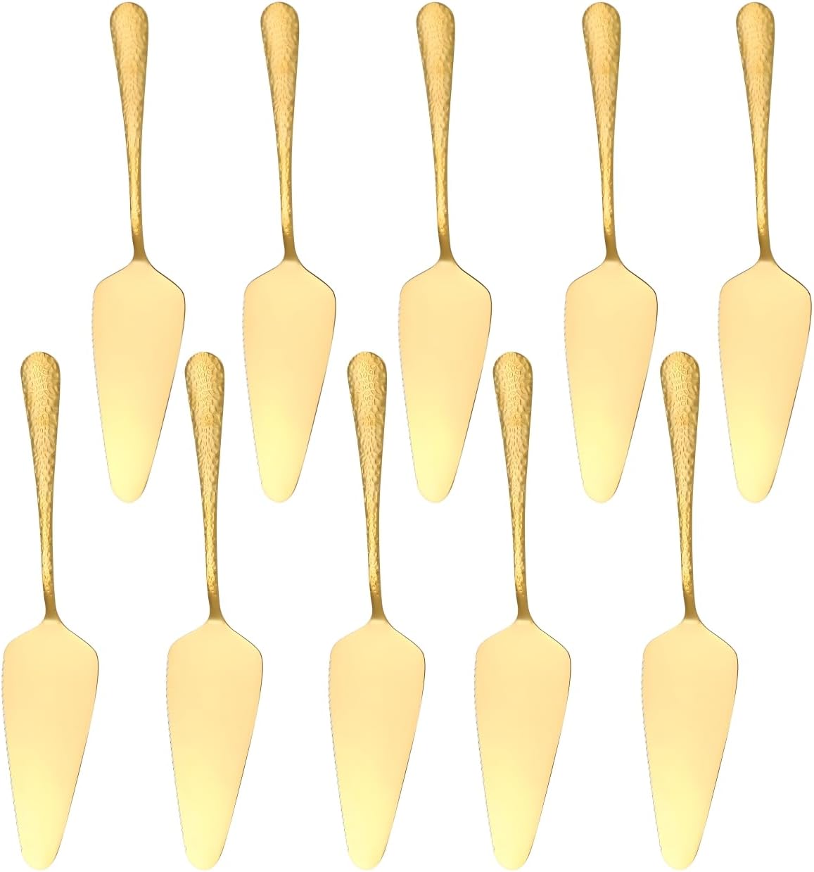 Stainless Steel Cake Server Pack of 10 Hammered Pie Holder Transfer Triangular Spade Spatula Serrated Edge for Pizza Cake Baking Safe in Dishwasher (Gold)