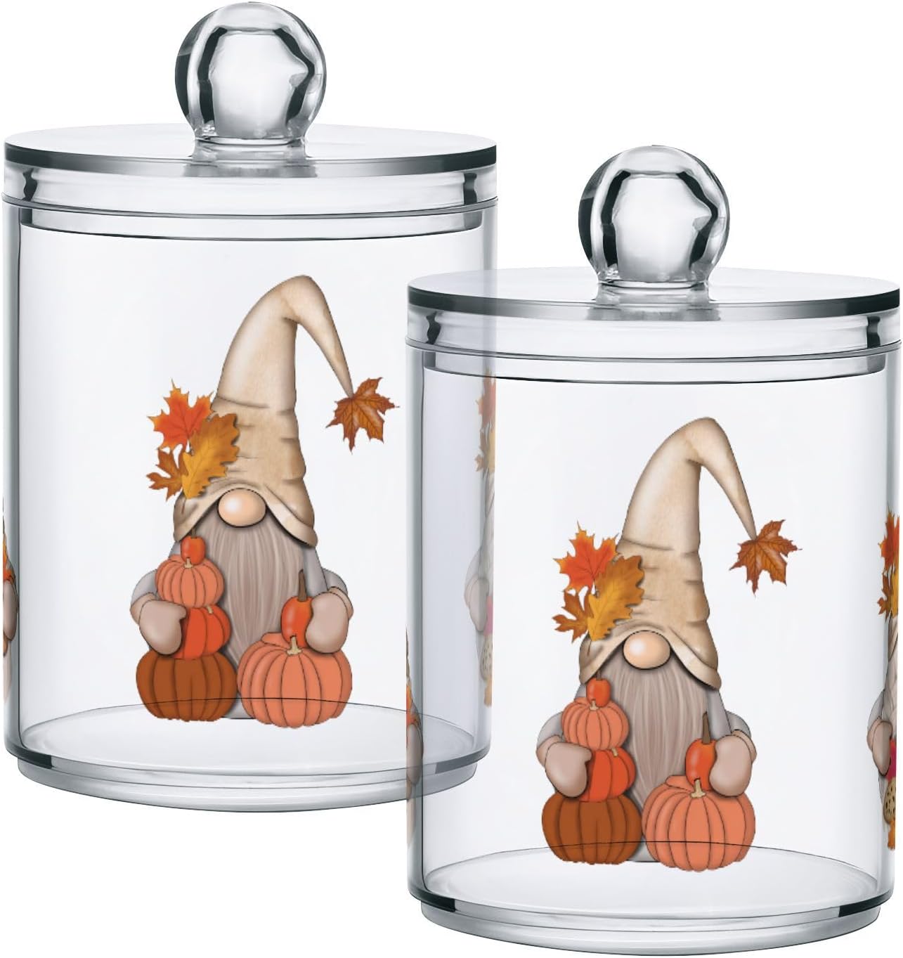 Gredecor 2 Pack Apothecary Jars with Lid Fall Gnome Maple Pumpkins Qtip Holder Dispenser Storage Containers Clear Plastic Cute Fall Autumn Thanksgiving Theme Canisters for Bathroom Vanity Organization