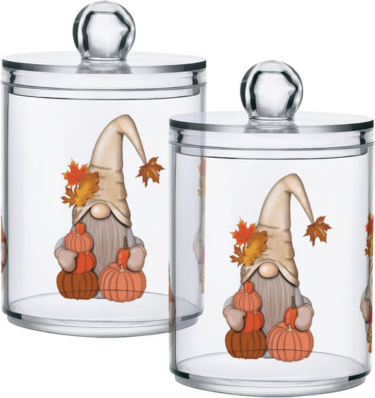 Gredecor 2 Pack Apothecary Jars with Lid Fall Gnome Maple Pumpkins Qtip Holder Dispenser Storage Containers Clear Plastic Cute Fall Autumn Thanksgiving Theme Canisters for Bathroom Vanity Organization