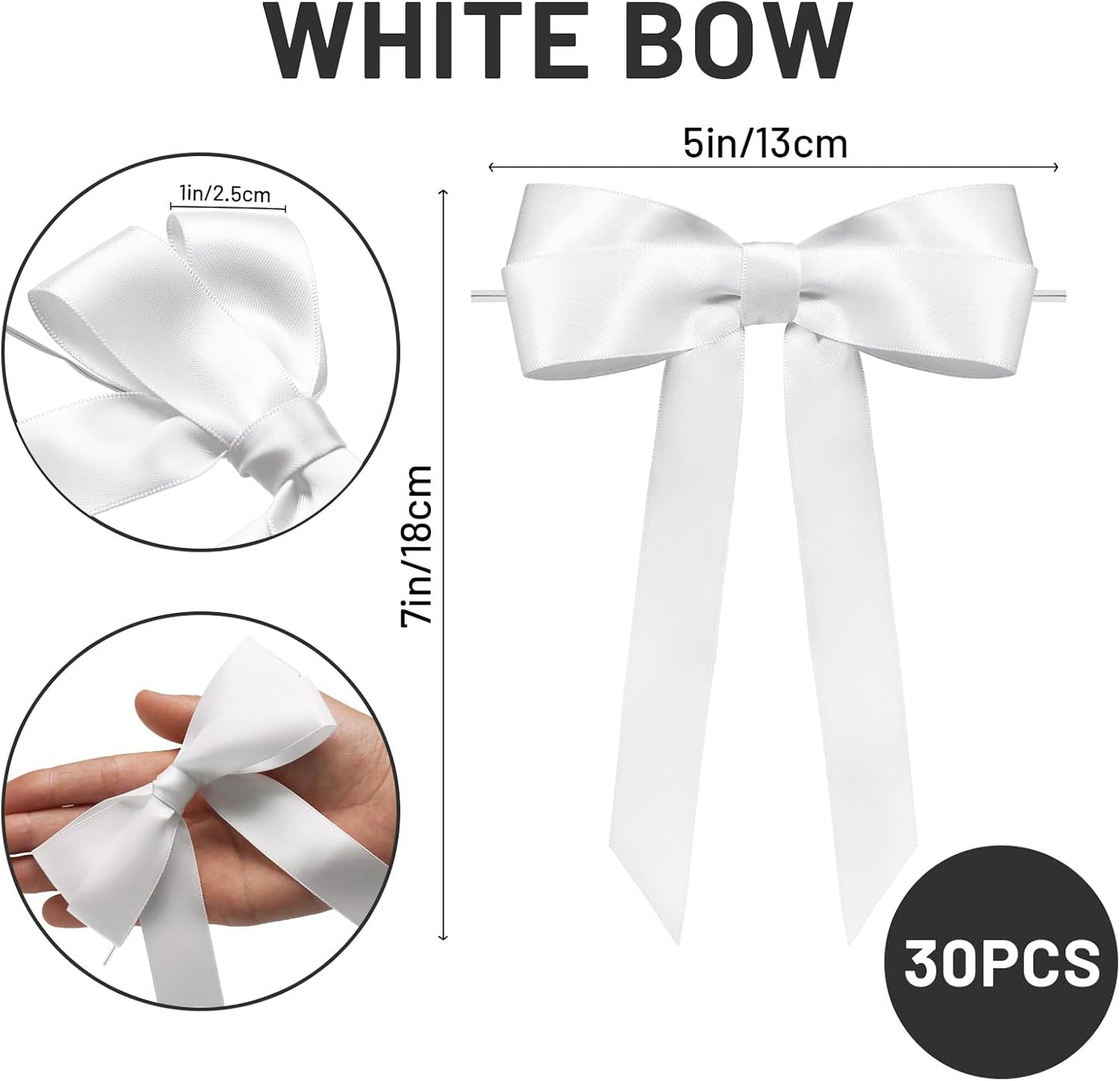 White Bows for Gift Wrapping, 5'' X 7'' Satin Gift Bows for Birthday, Wedding, Party, 30 Pcs