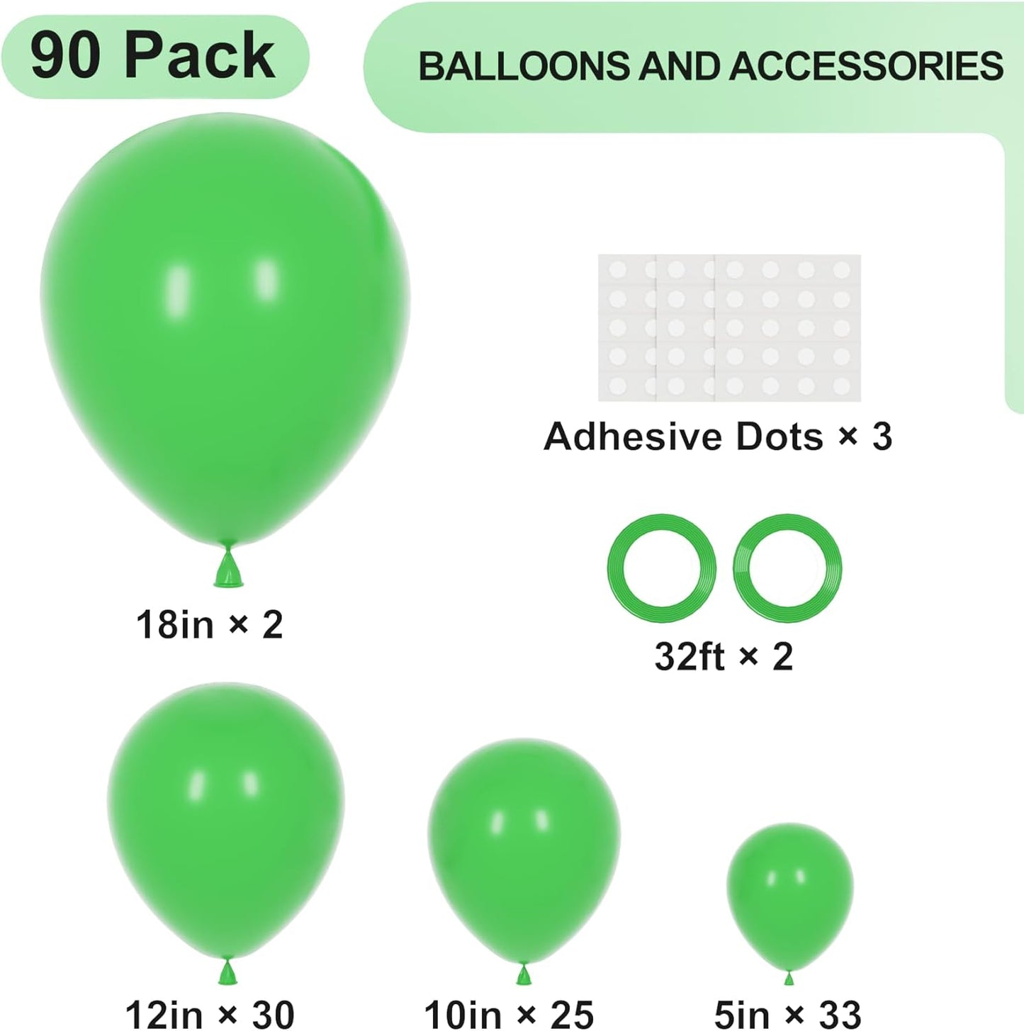 90pack Green Balloons Different Size 18/12/10/5 Inch Green Balloon Garland Arch Kit for Graduation, St. Patrick's Day, Dinosaur, Jungle, Forest, Wedding, Birthday, Christmas Decorations