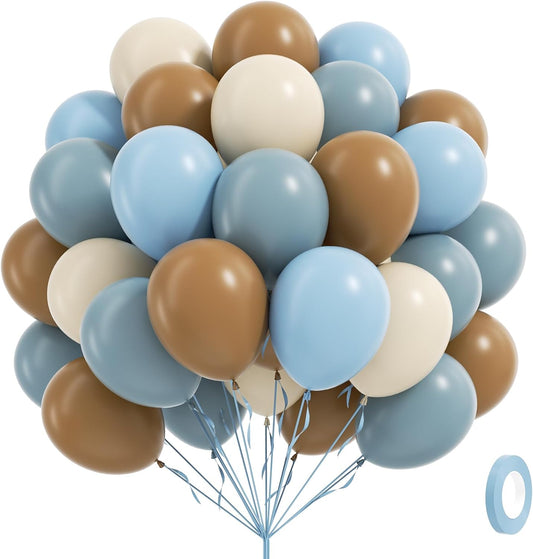 60pcs Blue and Brown Balloons 12inch with Brown Dusty Pastel Blue Sand White Balloons for One Sweet Cookie Birthday Gender Reveal Baby Shower Party Decorations