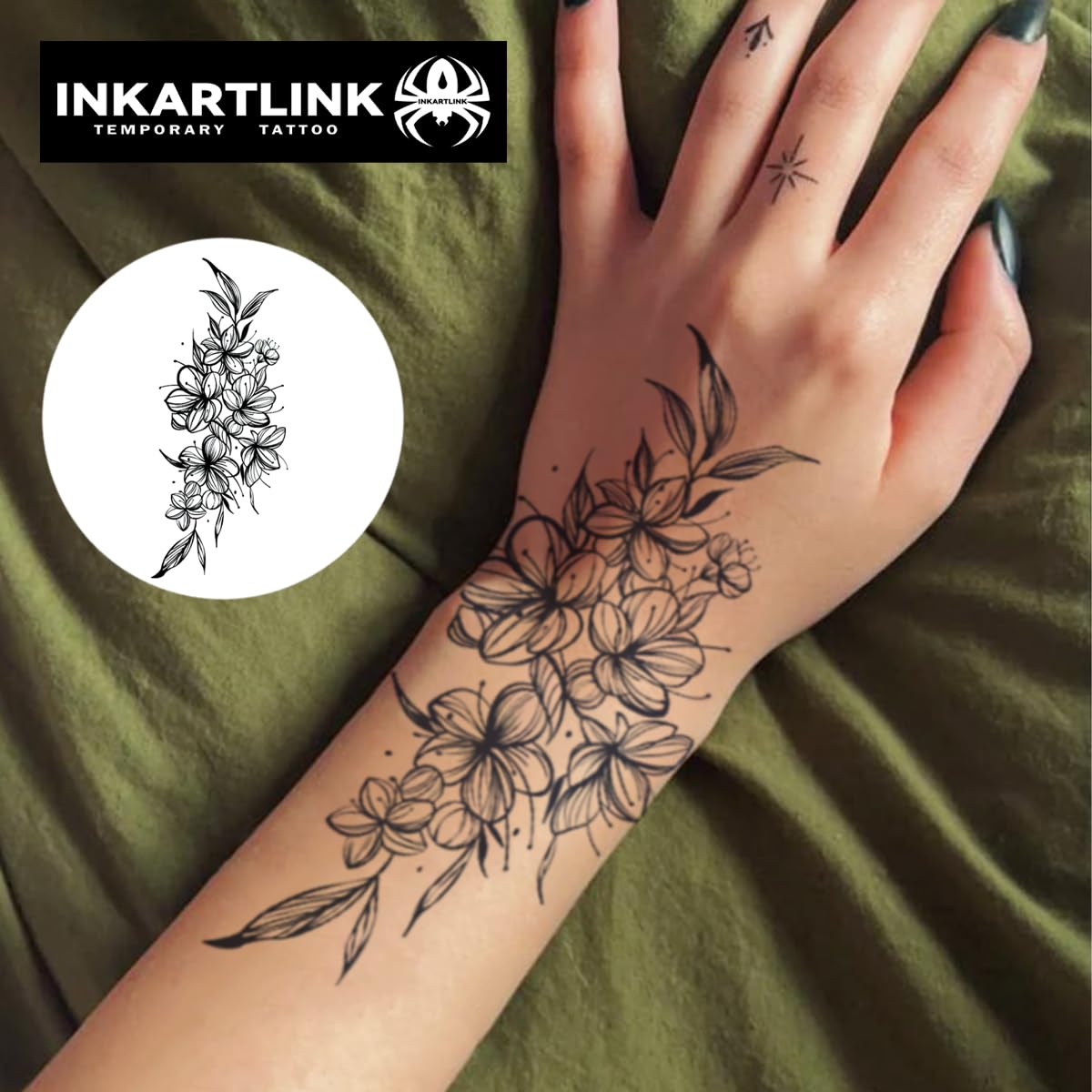 INKARTLINK Tattoo Tech, 2 Sheets Large Semi Permanent Tattoo, Adult Art Design Temporary Tattoos, Lasts 1-2 Weeks, Waterproof, Realistic Look, No Adhesive, No Reflection (Plain Flower Design)