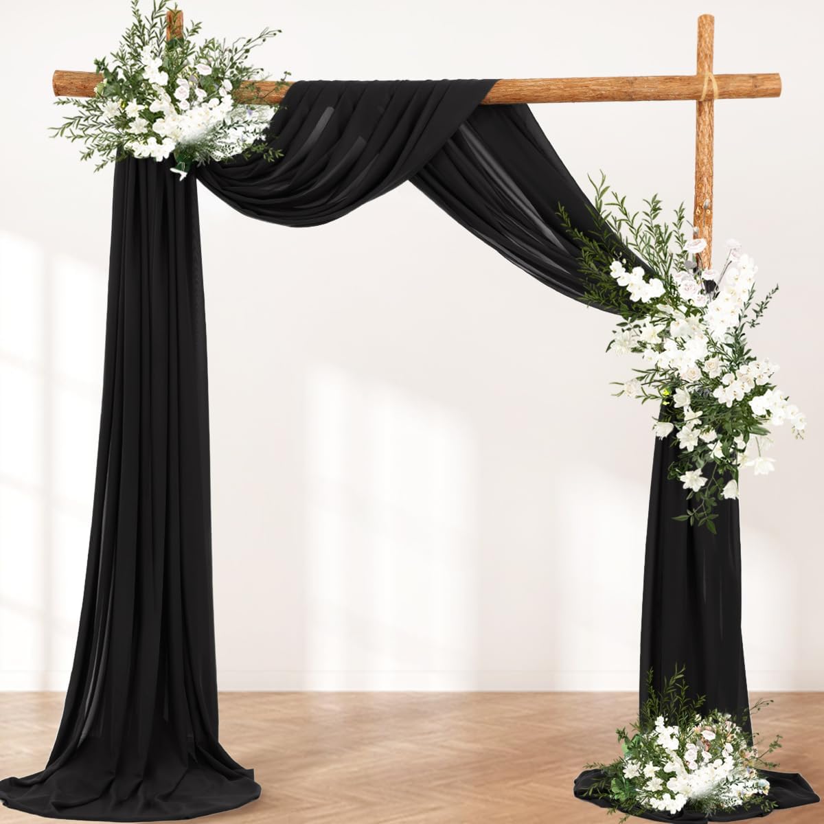 Wedding Arch Draping Fabric 2 Panels 30'' x 18FT Black Sheer Chiffon Arch Drapery for Photo Booth Bridal Shower Baby Shower Church Decor Newborn Photography Christening Outdoor Party