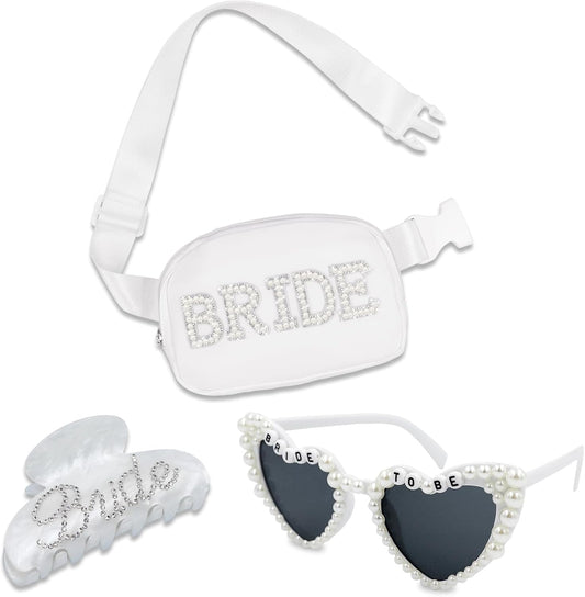 Lamyba Bride Gifts,Bachelorette Gifts for Bride,Pearl Bride Fanny Pack,Hair Claw Clip and Sunglasses,Bride to be Gifts,Bachelorette Party Decorations,Favors,Accessories,Bridal Shower/Wedding Gifts