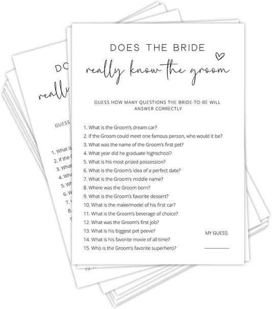 Bridal Shower Games, Does the Bride Really Know the Groom, 25Pcs Minimalist White Double-Sided Bridal Game Cards, Wedding Shower Games for Guests, Engagement Bachelorette Party Supplies - A13