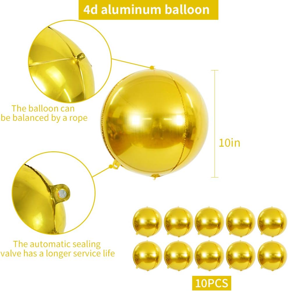 10 pcs Gold 4D balloon, 10 inch Foil Mylar Sphere Balloon for Birthday Party,Wedding,Valentine's Day, Christmas,Baby Shower Decoration Supplies