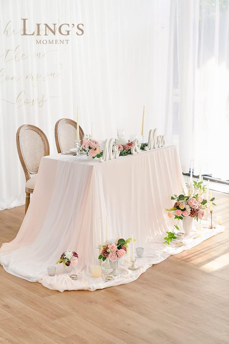 Ling's Moment Sheer Chiffon Tablecloth & Runner Set for 3x4ft Rectangle Table Decor Table Cloth in Blush & White for Wedding Reception Head/Sweetheart Desk