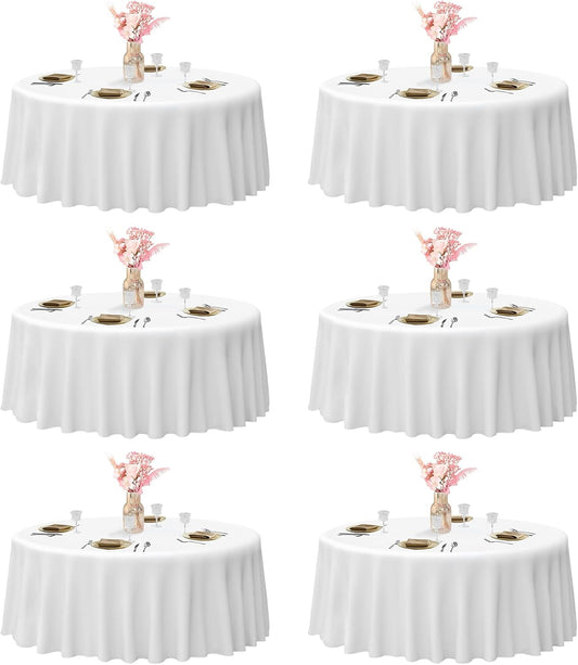 EMART Round Tablecloth White (6 Pack) 132 inch Circular Polyester Table Cover for Wedding Decor, Birthday Party, Banquet and Formal Events