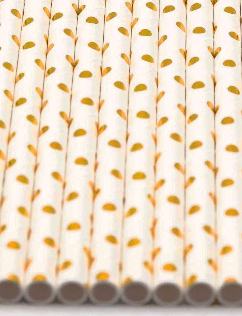 Pack of 300 Gold Polka Dot Foil Biodegradable 4-Ply Paper Drinking Straws (Compostable, Non-toxic, BPA-free)