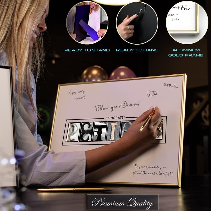 Framed Gold Retirement Decorations Guest Book for Men - 12"x16" Large Sign Poster including Gold Pen & Acrylic Glass - Retired Party favors, Table Centerpieces Plaque