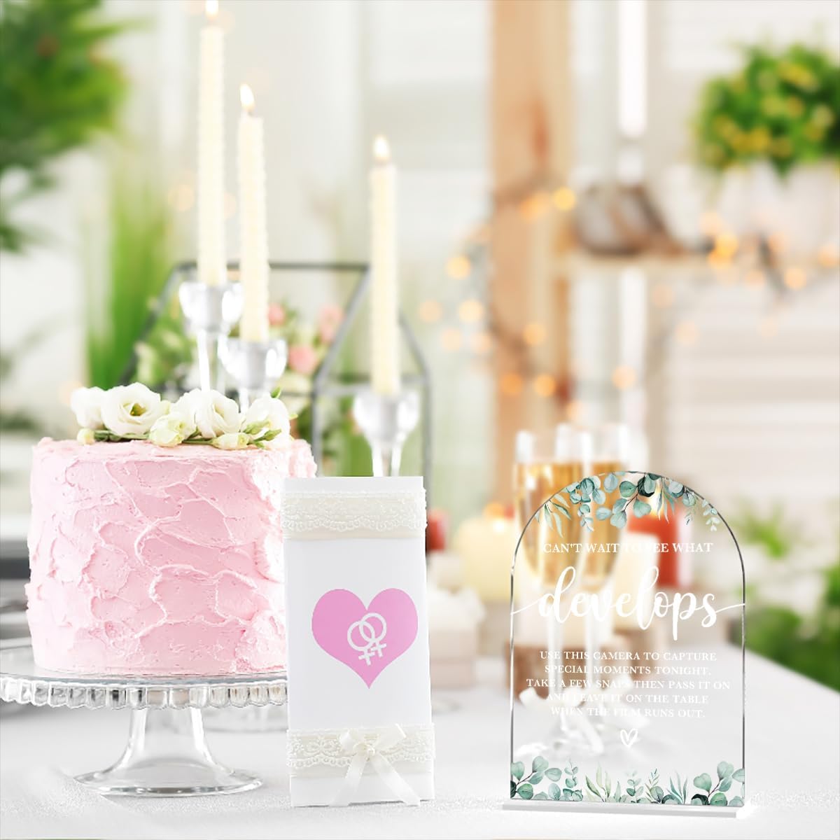 Acrylic Wedding Sign Can't Wait to See What Develops Signs for Ceremony Modern Calligraphy Arch Acrylic Table Top Signs for Wedding Reception and Event Party Table Decor (Eucalyptus Leaves)