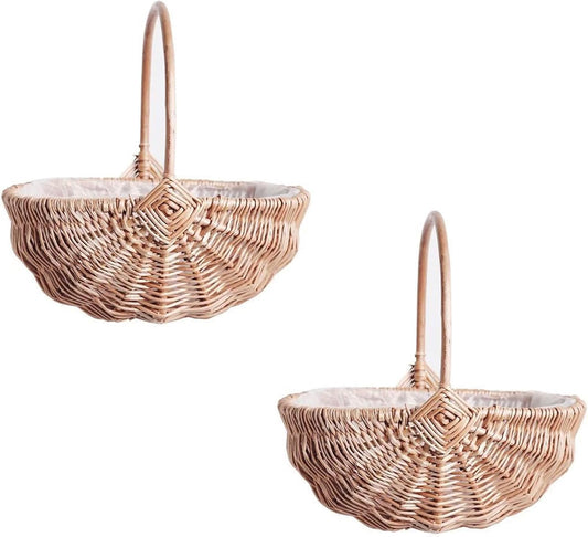 DULRLLY 2 Pcs Handwoven Flower Basket with Handle, Willow Storage Basket Empty Wicker Picnic Basket with Plastic Insert, Easter Basket Wedding Flower Girl Baskets for Home Party Decor (S)