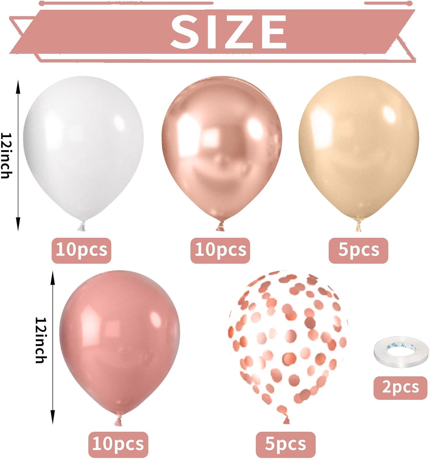 Retro Blush Pink Party Balloons, 52 PCS 12 Inch Metallic Chrome Rose Gold Dusty Pink Maca Orange Beige Latex Balloons with Rose Gold Confetti Balloons for Birthday Wedding Baby Shower Party Decoration