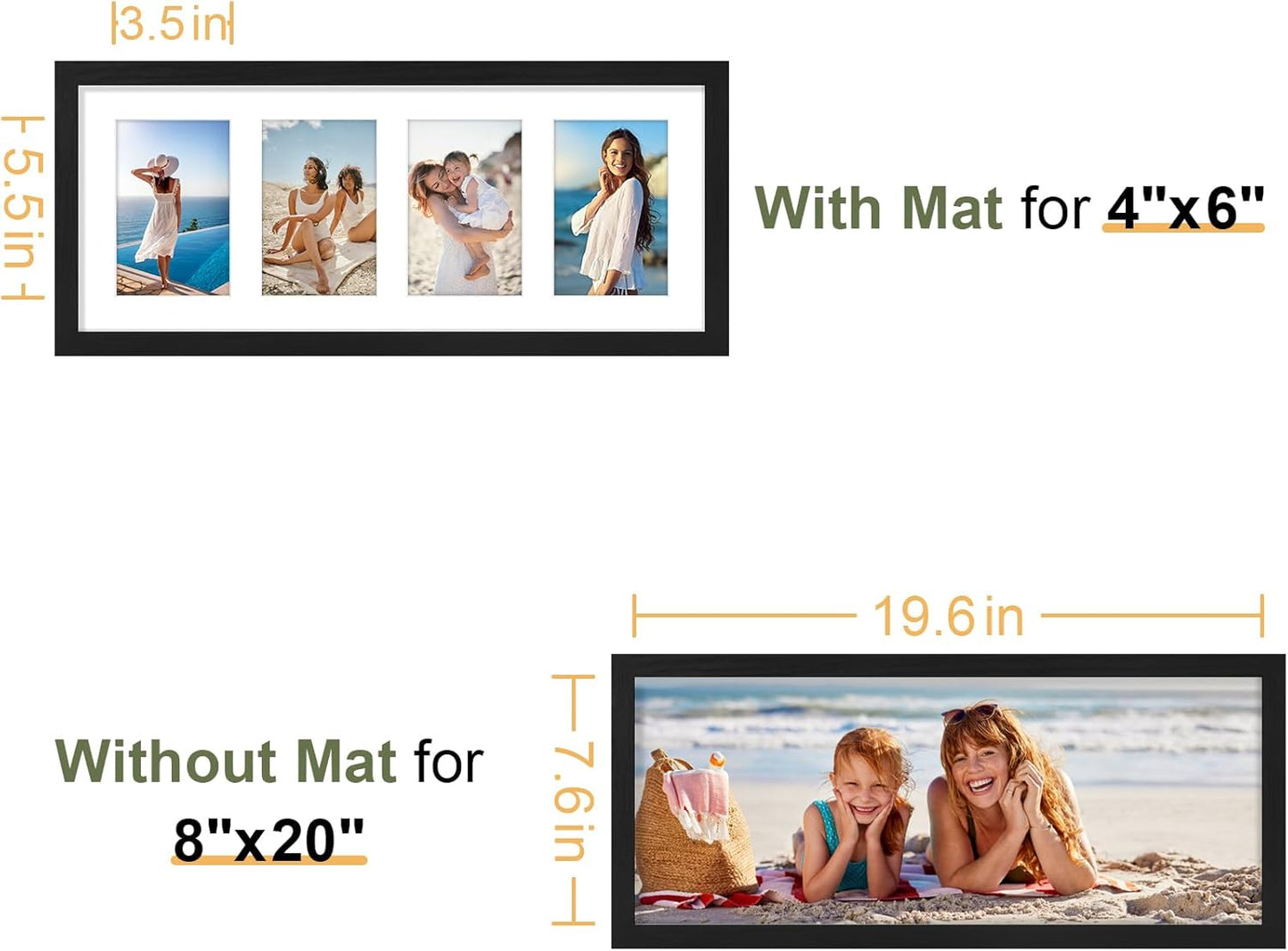 Vittanly 8x20 Collage Picture Frame, Displays 4Pcs 4x6 Pictures with Mat, Picture Frames Collage Wall Decor for Horizontal or Vertical Display, Black, 1 Pack