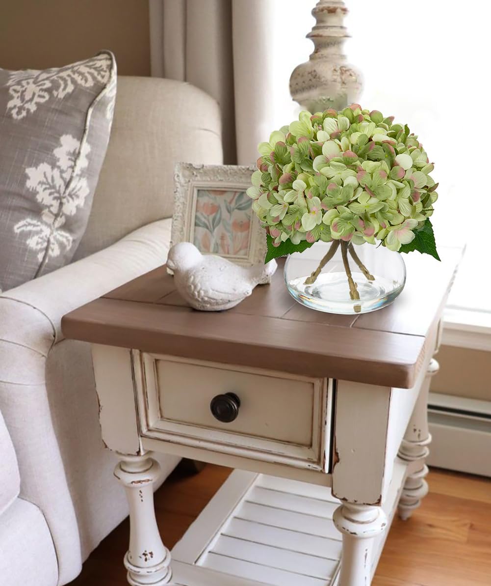 Hollyone Hydrangea Artificial Flowers with Glass Vase Dark Green Silk Faux Flowers Arrangements in Vase with Faux Water Fake Floral Bulk Bouquet for Home Decor Table Centerpiece Decorations