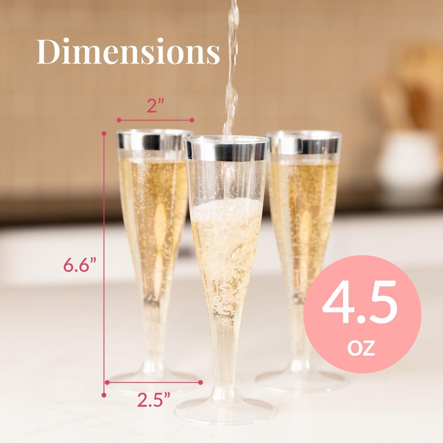 Prestee Set of 24 Silver Glitter Plastic Champagne Flutes - 4.5 oz Capacity - Shatterproof Durable Disposable Glasses - Elegant Design - Ideal for Weddings, Cocktail Parties, and Outdoor Celebrations