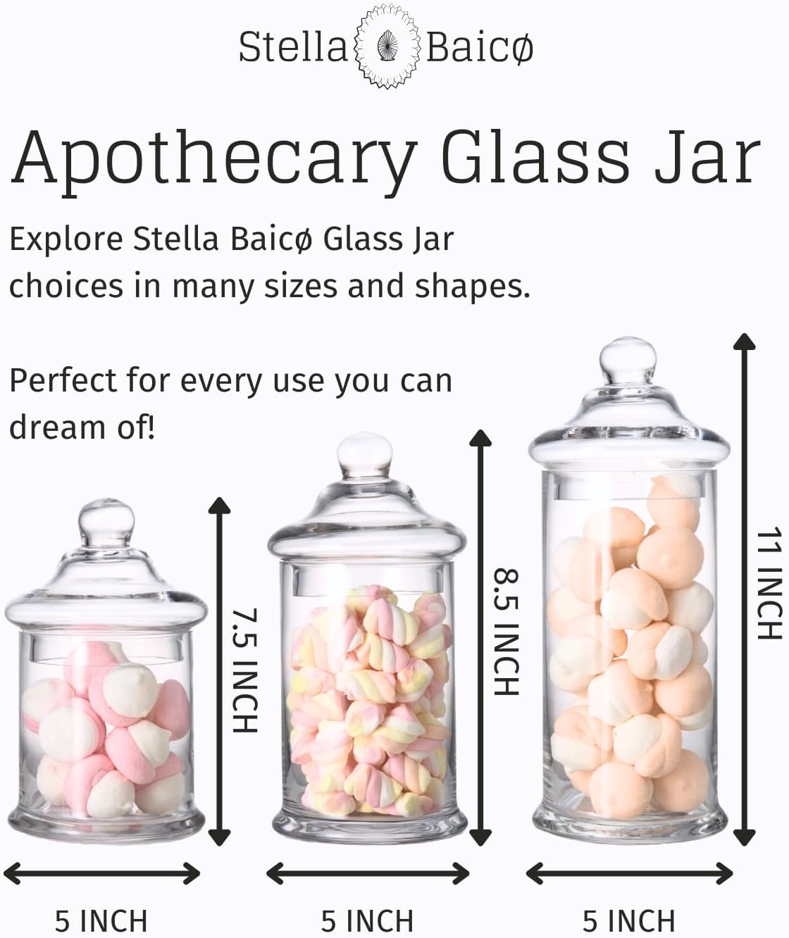 Set of 3 Apothecary Jars Glass, Apothecary Jars with Lids Bathroom, Clear Candy Jar Set, Decorative Jar for Party, Wedding and Home Decor (Height: 11", 8.5", 7.5"; Diameter: 5")