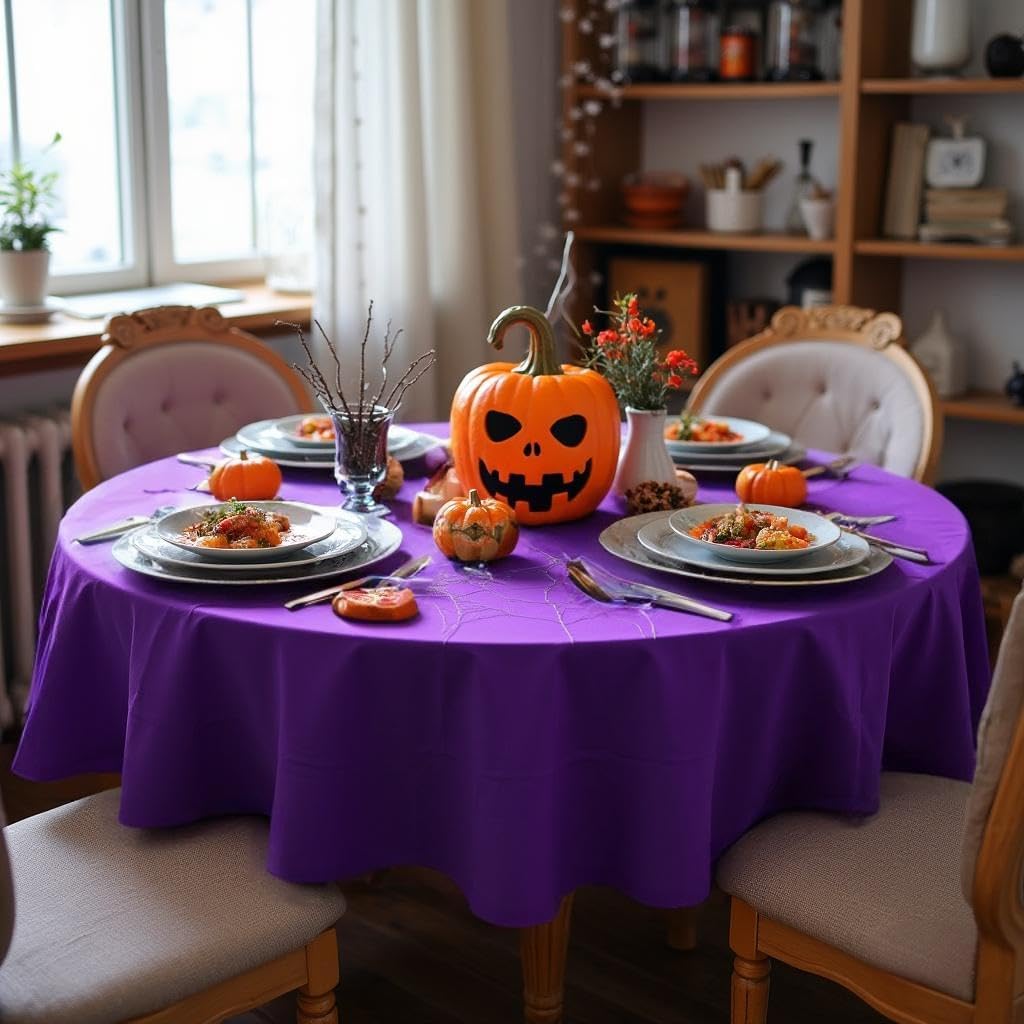 sancua Round Tablecloth - 60 Inch - Water Resistant Spill Proof Washable Polyester Table Cloth Decorative Fabric Table Cover for Dining Tables, Buffet Parties and Camping, Purple