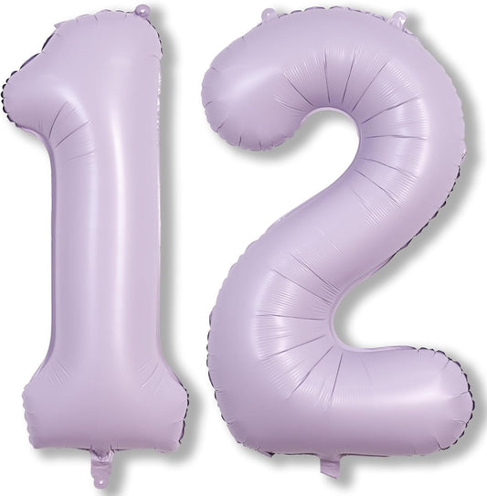 Pastel Purple Birthday Balloon Numbers 12, 40 Inch Giant Light Purple Foil Mylar Number 1 and 2 Helium Balloons for Girls 12th Birthday, Lilac 12 Balloons for Women 21st Anniversary Party Decorations