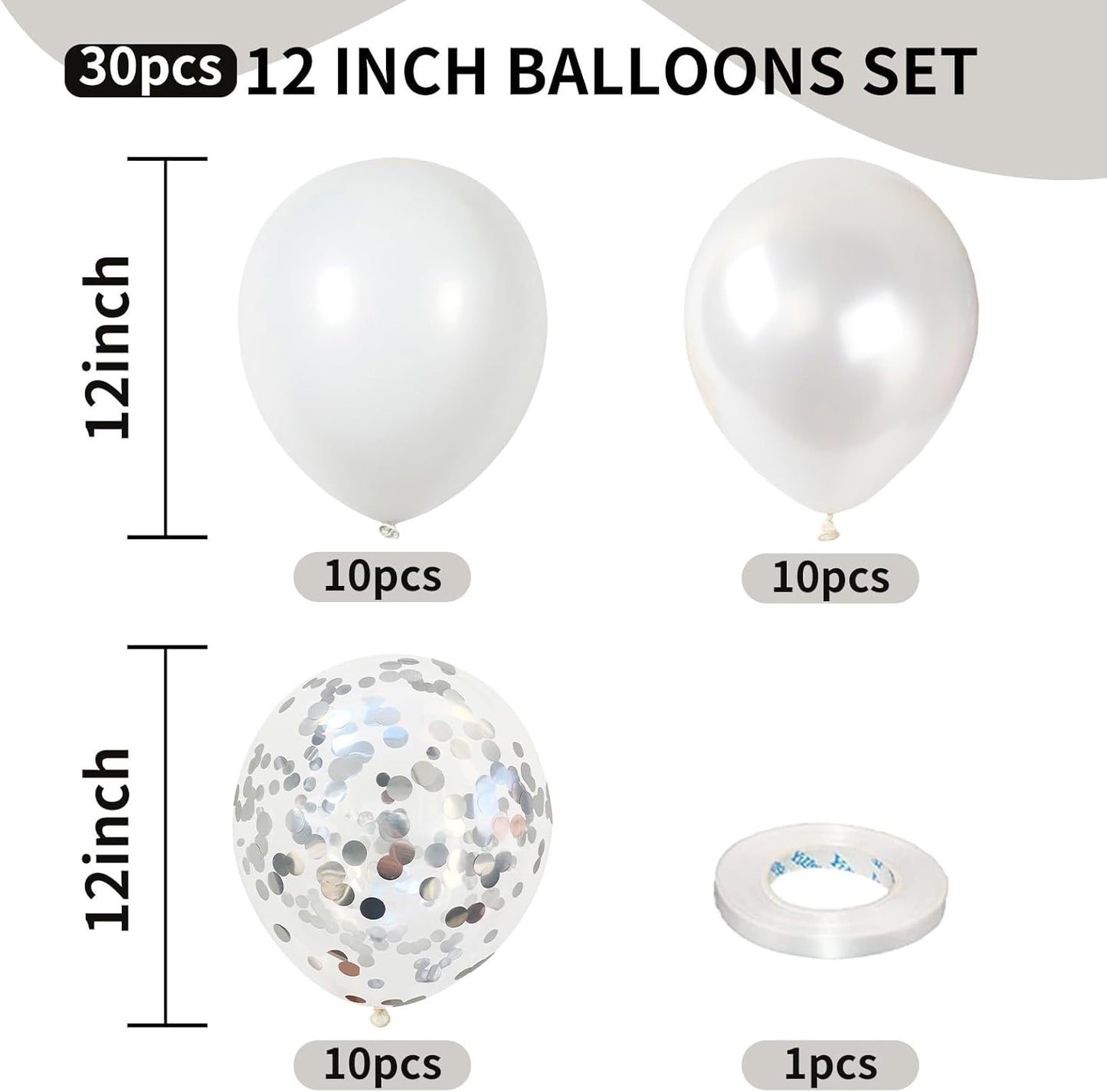 White Balloons, 12 Inch Pearl Pure White Ivory Latex Balloon with Silver Confetti Balloons for Boho Birthday Baby Shower Wedding Bachelorette Retirement Valentine’s Day Party Decorations