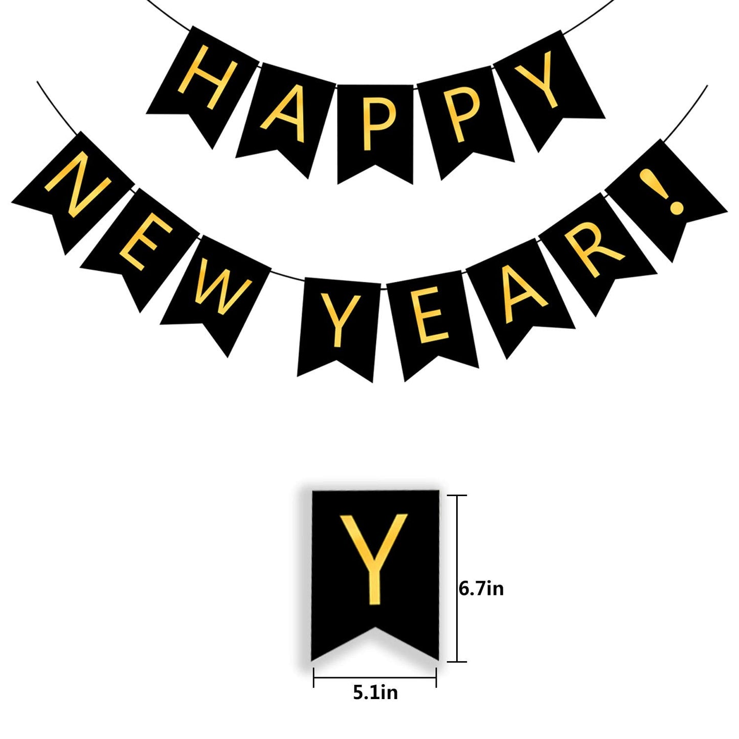 FECEDY Happy New Year Banner Black Bunting with Gold Alphabet for New Year Party Supplier Eve Party