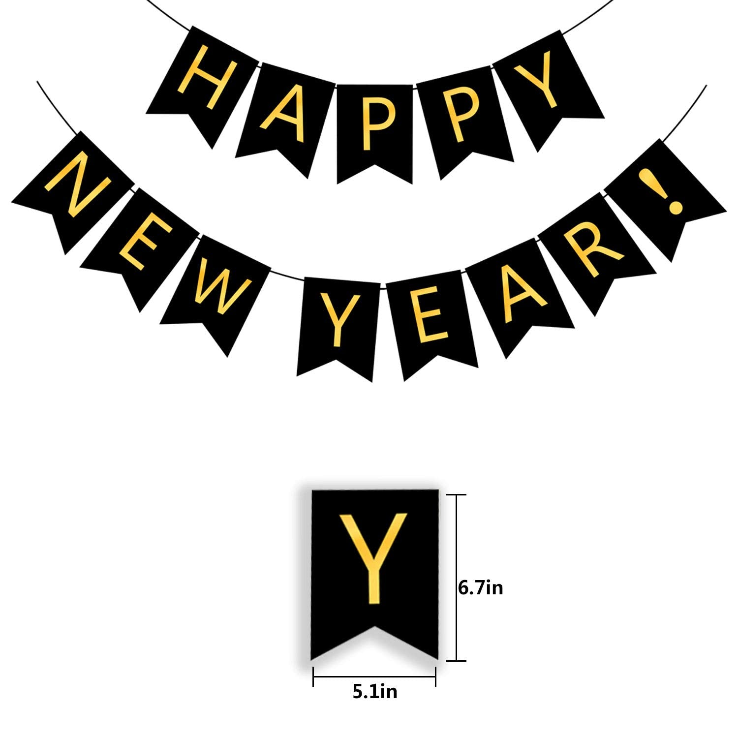 FECEDY Happy New Year Banner Black Bunting with Gold Alphabet for New Year Party Supplier Eve Party