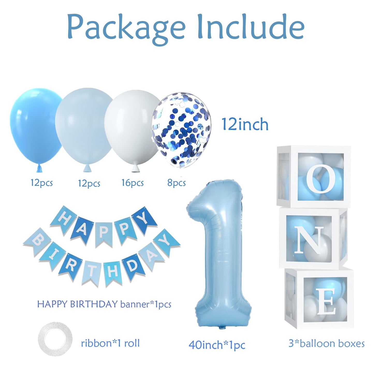 Yumiche First Birthday Decorations For Boy-40 Inch Blue 1 Number, Baby Blue White Balloons, Happy