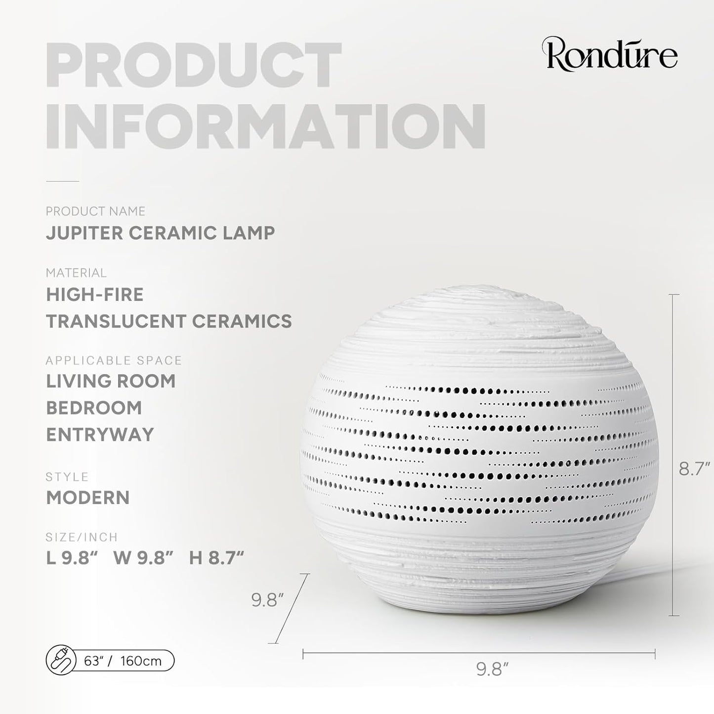 RONDURE 8.7" Modern Ceramic Table Lamp, Modern Bedside Lamps for Bedroom, Living Room and Nightstand, White Translucent Ceramic Shade, Warm Ambient Lighting, Home Decor