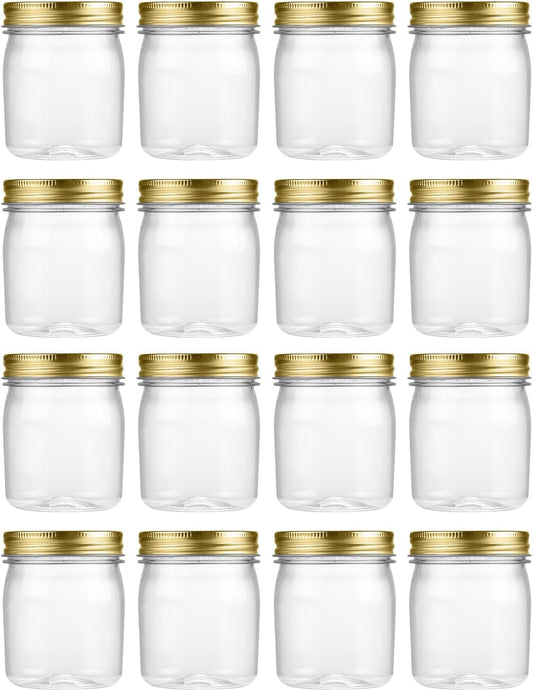 novelinks 8 oz Clear Plastic Jars with Screw-On Lids - BPA-Free Refillable Storage Containers for Slime, Spices, Crafts, Kitchen & Home Organization (16 Pack,Gold)