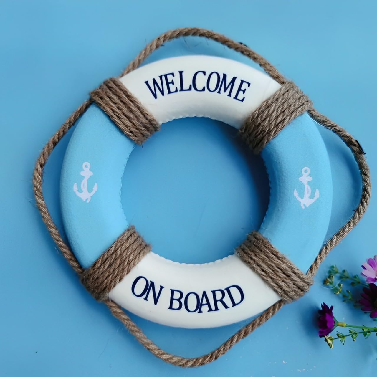 MorroMorn Lifebuoy Wall Hanging Decor - Welcome Aboard Mediterranean Style Home Decoration Hemp Rope (Blue, 10")