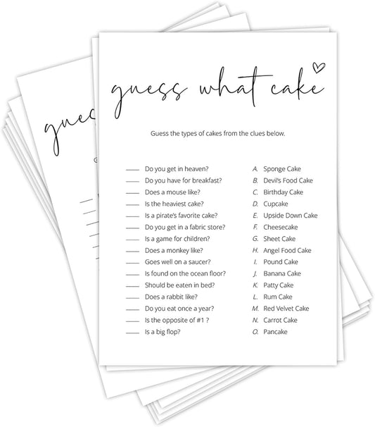 Bridal Shower Games, What Cake, 25Pcs Minimalist White Double-Sided Bridal Game Cards with 1 Answer Key, Wedding Shower Games for Guests, Engagement Bachelorette Party Supplies - A03