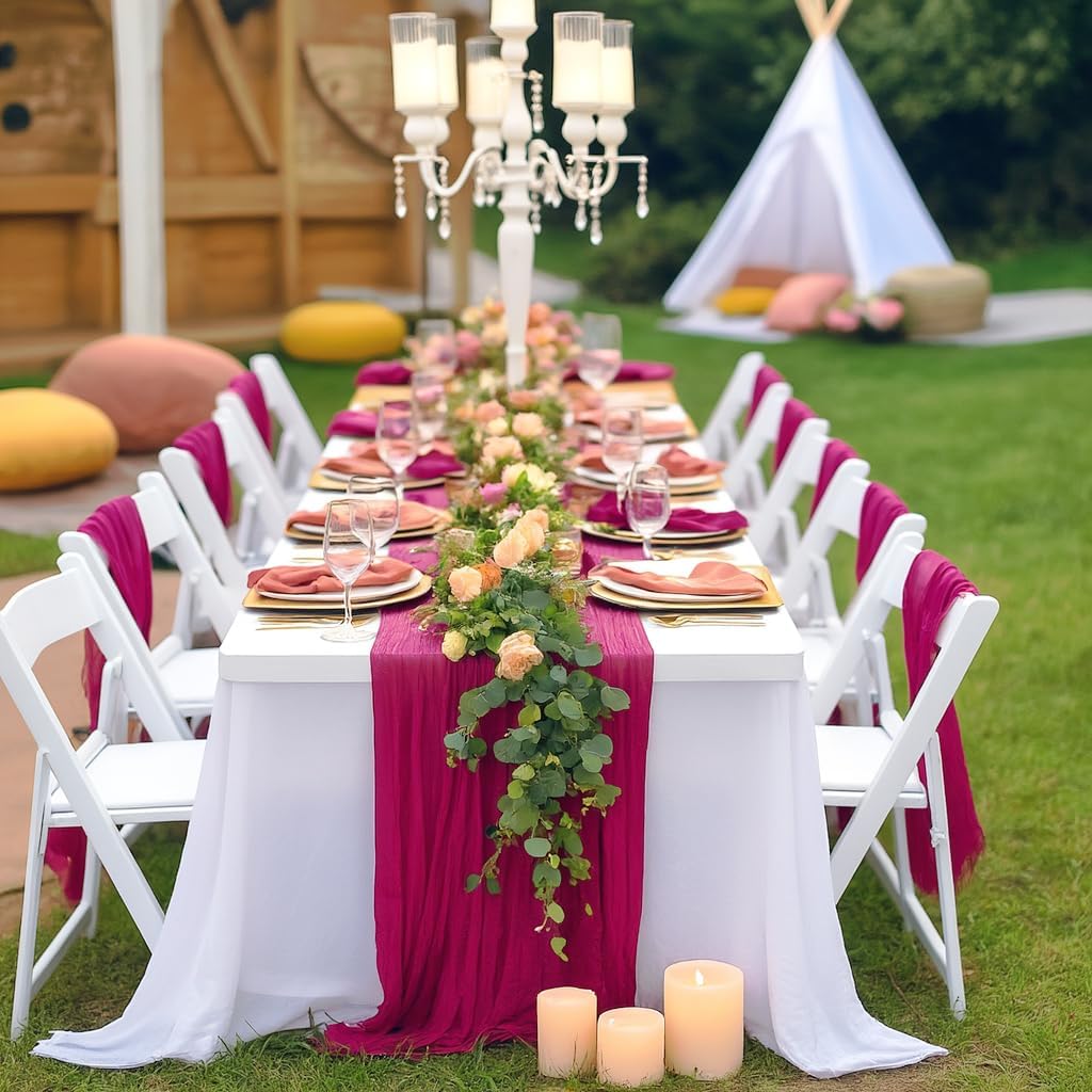 3 Pack Hot Pink Cheesecloth Table Runner Summer Sheer Fuschia Cheese Cloth Table Runner Boho Gauze 120 Inches Summer Table Decorations for Weddings Bridal Baby Shower Birthday Parties