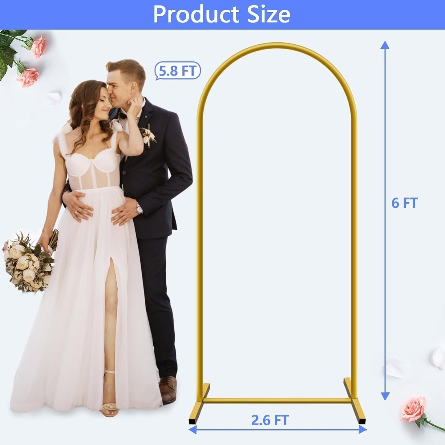 6 ft Arch Backdrop Stand, Wedding Arch Frame, Stable Metal Background Stand with Square Base Ground Nails, for Birthday Party Baby Shower Garland Decoration, Gold