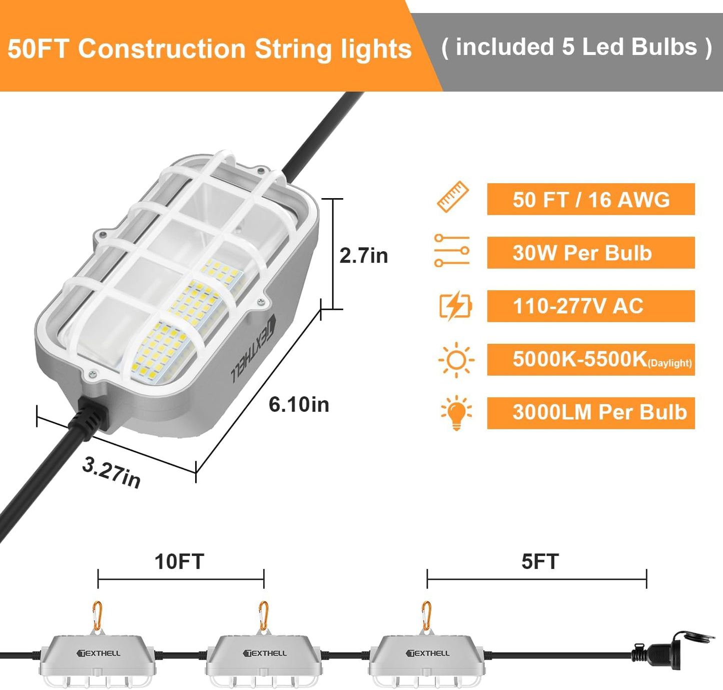 50ft LED Construction String Lights 150W Super Bright 15000LM Work Lights String Connectable Design for Workplace, Warehouse, Garage, RV, Indoor and Outdoor Weatherproof Temporary Lighting